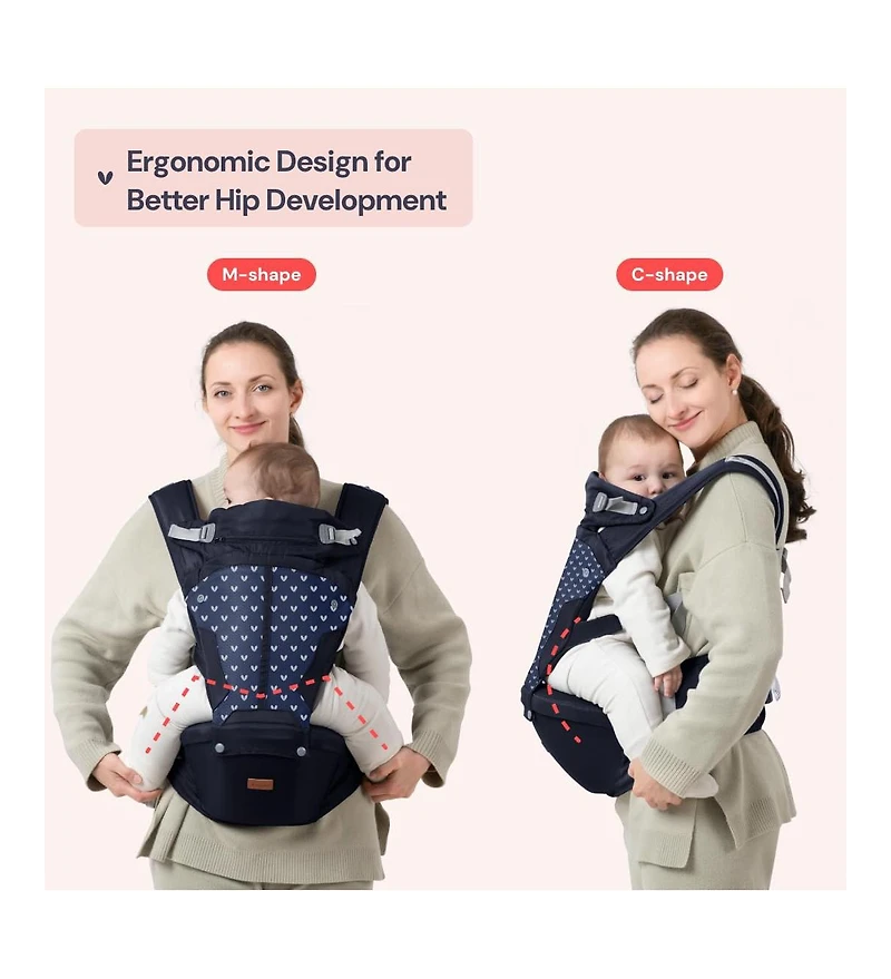 BabbleRoo Kids Carrier 6-in-1 Carrier with Hip Seat, Comfy & Adjustable, Navy Hearts
