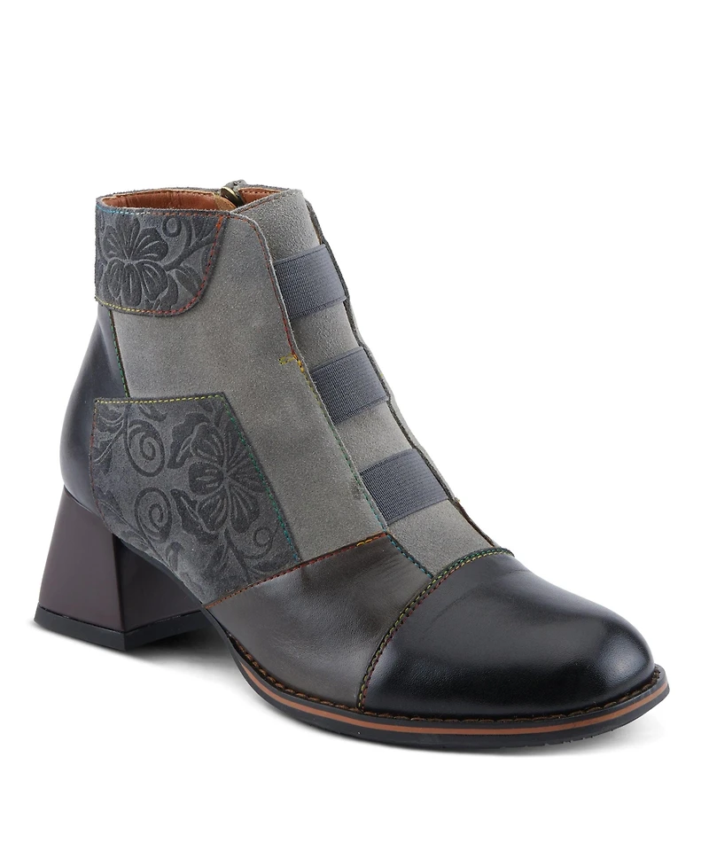 L'Artiste Women's Copine Multicolor Embossed Leather & Suede Booties with Velvet Lining and Chunky Heel