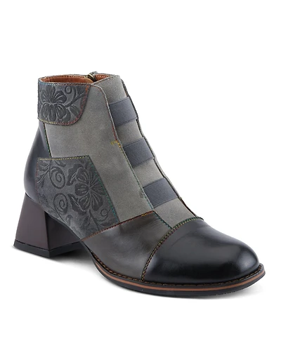 L'Artiste Women's Copine Multicolor Embossed Leather & Suede Booties with Velvet Lining and Chunky Heel