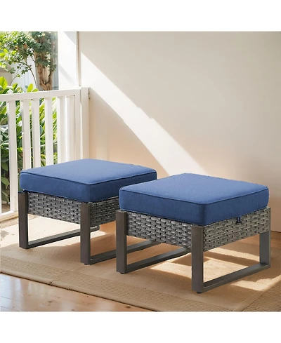 Gymojoy CubeEdge 2-Piece Wicker Outdoor Ottoman Patio Rattan Footrest Seat Steel Frame Foostool with Removable Olefin Cushions