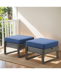 Gymojoy CubeEdge 2-Piece Wicker Outdoor Ottoman Patio Rattan Footrest Seat Steel Frame Foostool with Removable Olefin Cushions