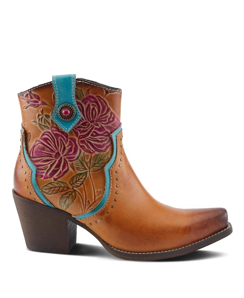 L Artiste Women s Rebamac Western Floral Embossed Leather Mid-Calf Cowboy Booties with Snip Toe and Zipper Closure