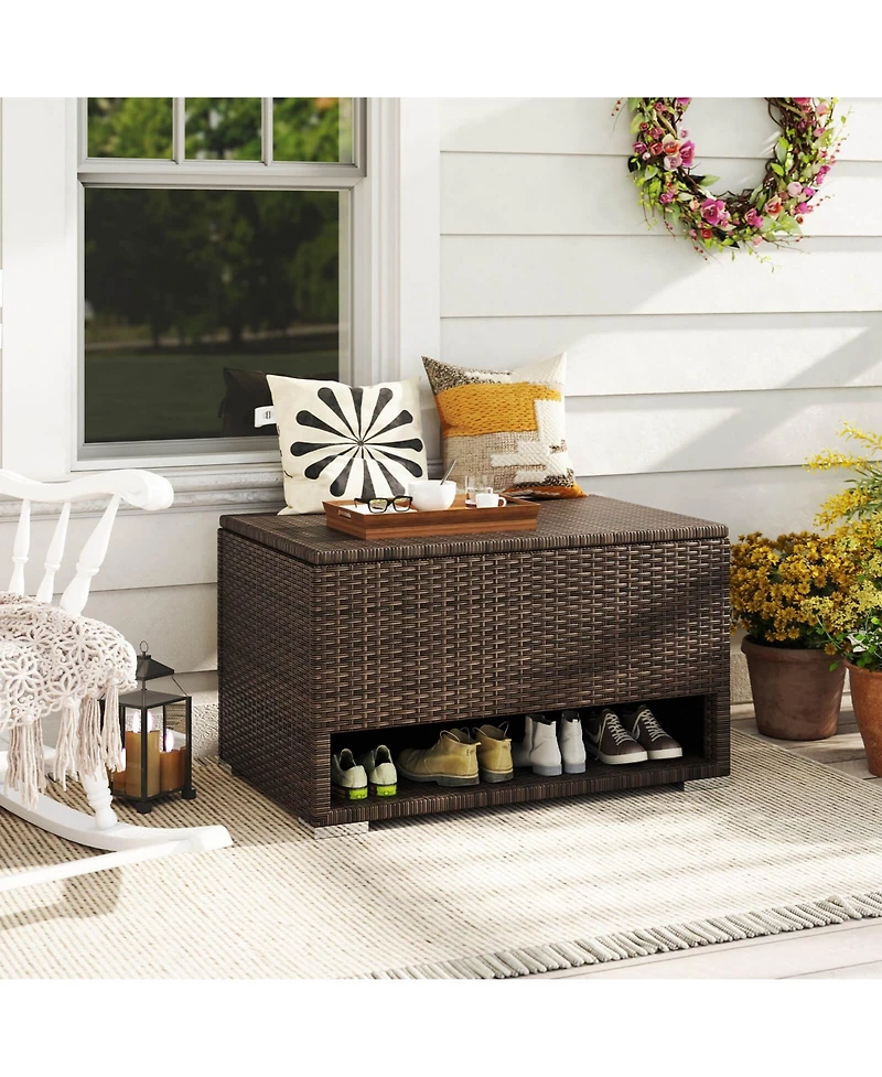 Costway 48 Gallon Deck Box with Shoe Rack Waterproof Liner Lid Outdoor Storage Box