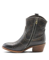 L Artiste Women s Galop Handpainted Leather Western Booties with Floral Embossing, Pull Tab, and Side Zipper