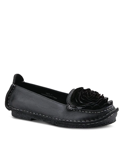 L'Artiste Dezi Hand-Painted Leather, Ombre Finish, Flower Accent, Cushioned Insole, Rubber Outsole – Round Toe Artisan Slip-On Flats