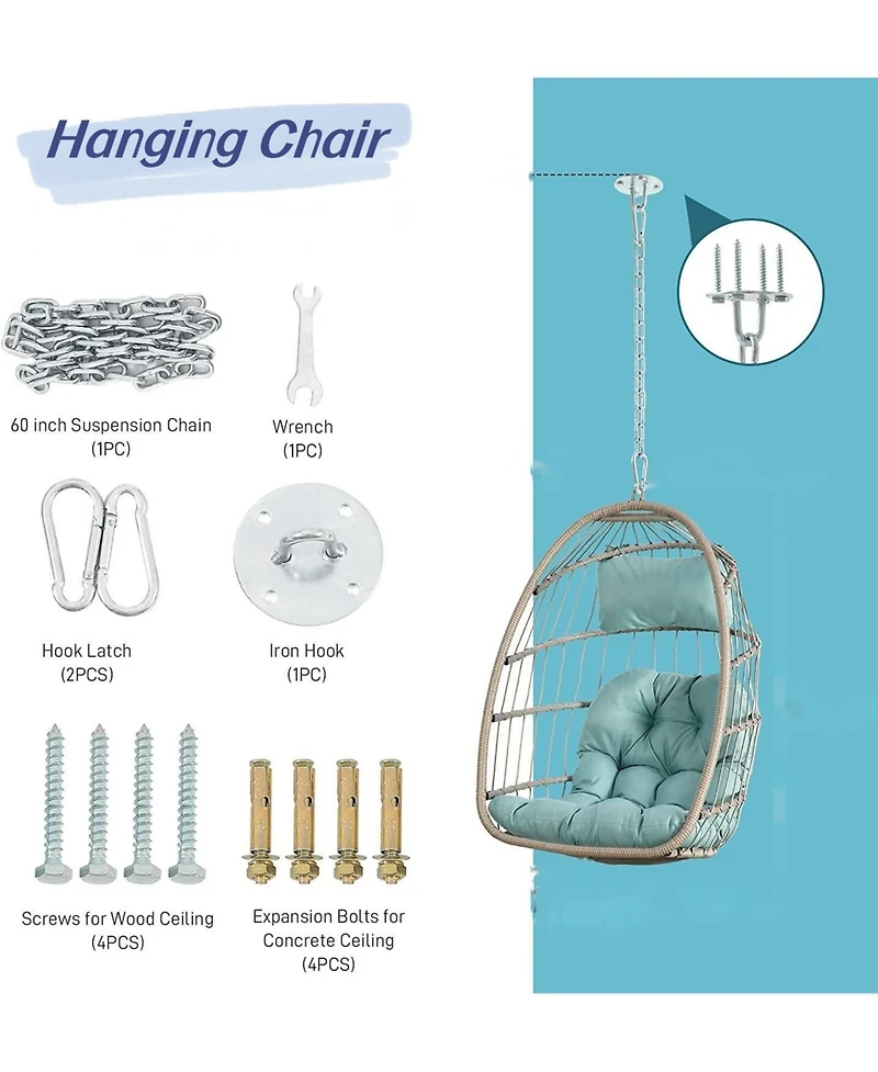 Flynama 55 Inch Khaki Rattan Egg Swing Chair with Stand and Beige Cushion