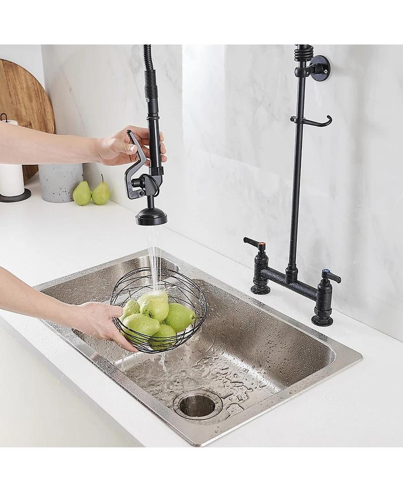 Greenspring Commercial Restaurant Pull Down 2-Handle Wall Mount Pre-Rinse Spray Utility Kitchen Faucet