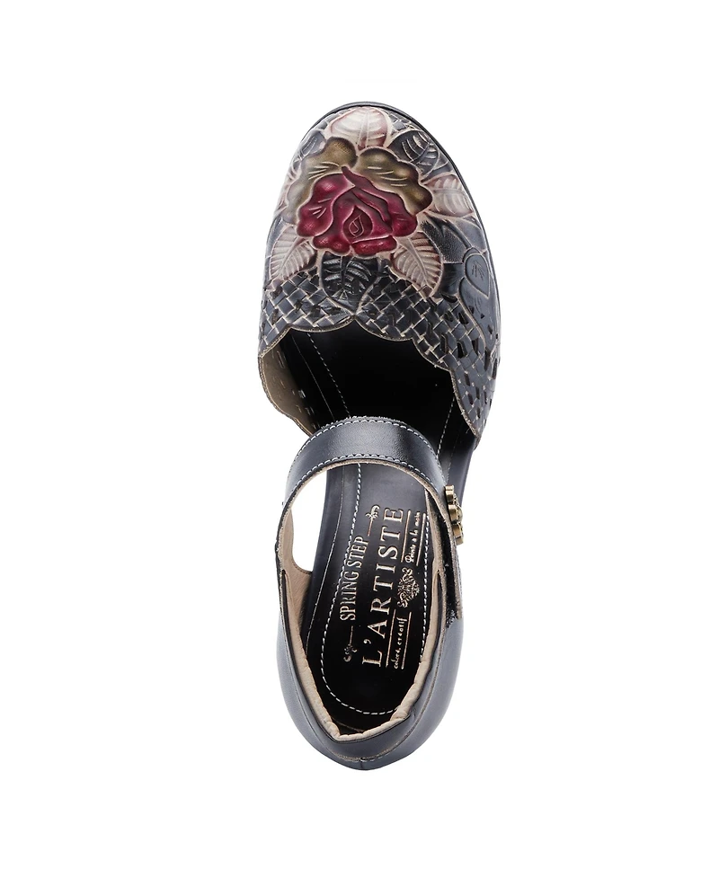 L'Artiste Women's Debbihary Hand-Painted Leather Mary Jane Pumps with Rose Embossing, Cutouts, Adjustable Strap, and 4-Inch Leather-Wrapped Heel – Ele