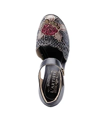 L'Artiste Women's Debbihary Hand-Painted Leather Mary Jane Pumps with Rose Embossing, Cutouts, Adjustable Strap, and 4-Inch Leather-Wrapped Heel – Ele