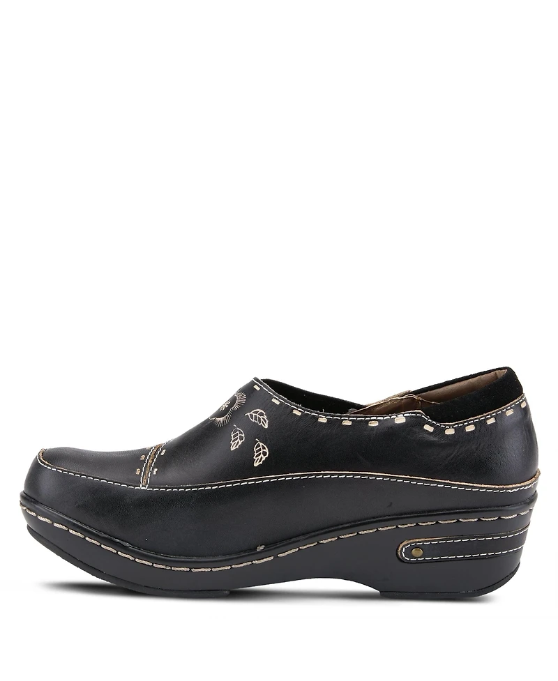 L Artiste Women s Burbank Hand-Painted Leather Clogs with Floral Embossing and Elastic Insets