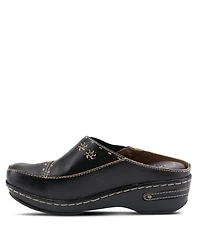 L Artiste Women s Chino Hand-Painted Open-Back Leather Clog with Embossed Details and Elastic Inset