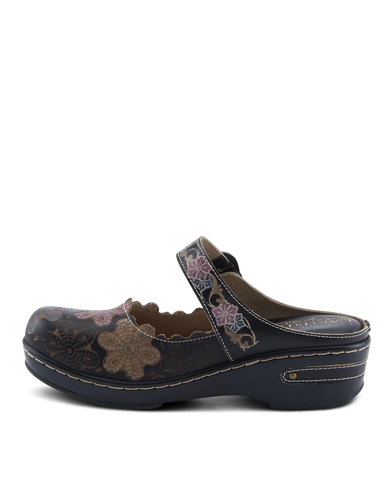 L'Artiste Women's Flochino Hand-Painted Leather Clogs with Floral Ankle Strap, Scalloped Edges, Brass Buckles, and Plush Microsuede Footbed –