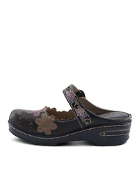 L'Artiste Women's Flochino Hand-Painted Leather Clogs with Floral Ankle Strap, Scalloped Edges, Brass Buckles, and Plush Microsuede Footbed –