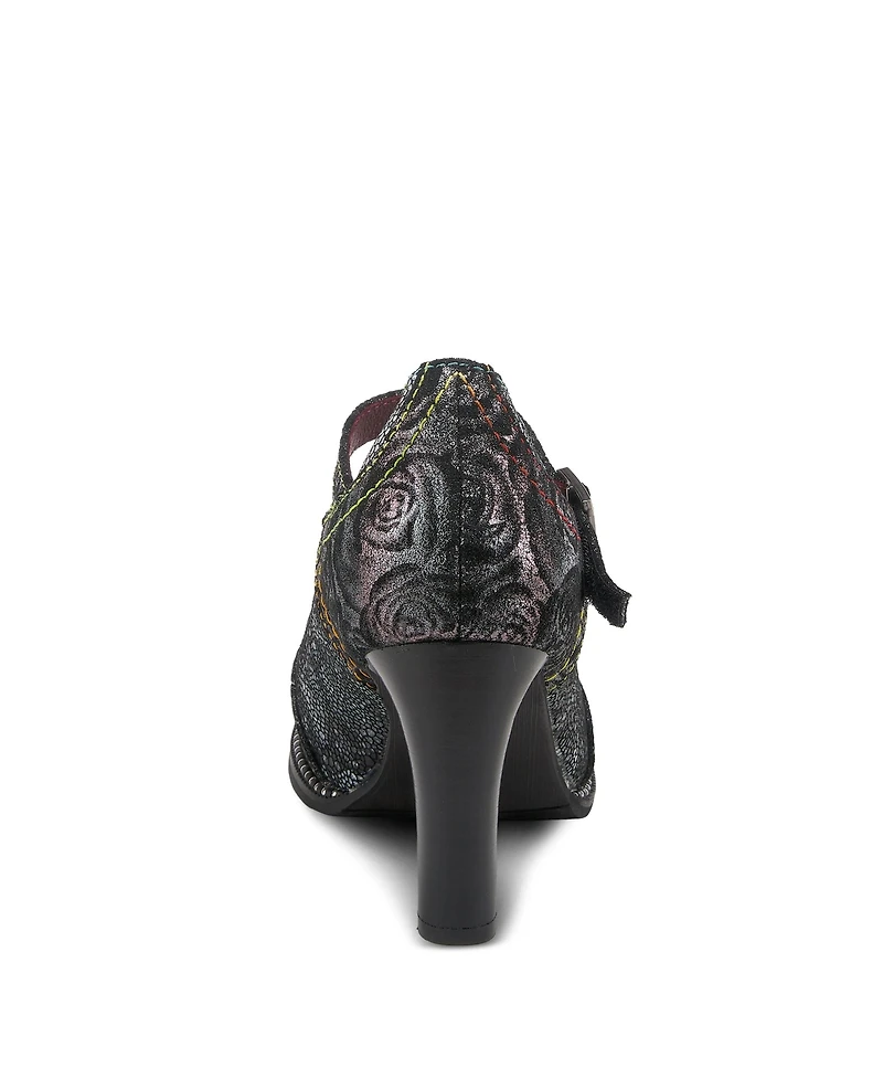 L Artiste Women s Mazie Closed-Toe T-Strap Heels Floral Metallic and Mosaic Leather with Decorative Buckle Stacked Heel – French-Inspire