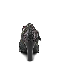 L Artiste Women s Mazie Closed-Toe T-Strap Heels Floral Metallic and Mosaic Leather with Decorative Buckle Stacked Heel – French-Inspire