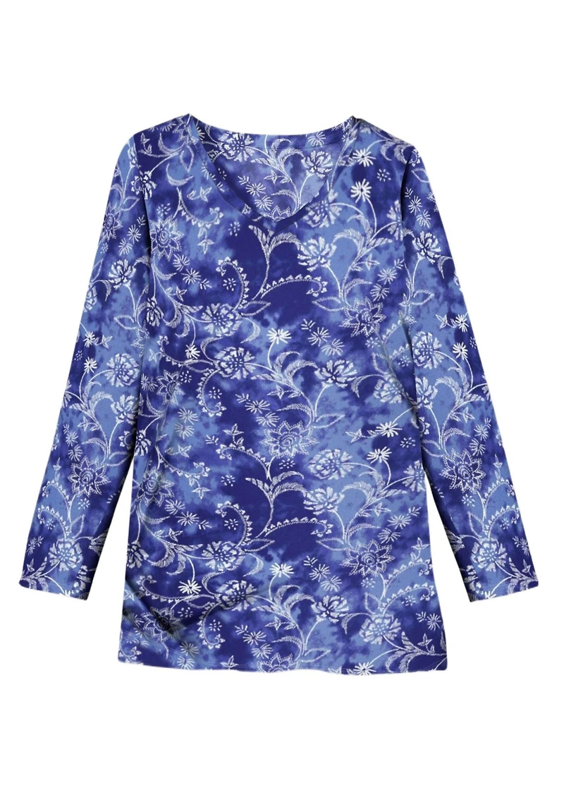 Woman Within Plus Size Perfect Printed Long-Sleeve V-Neck Tee