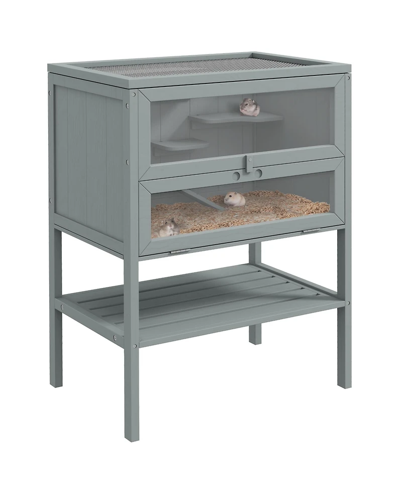 PawHut 3-Tier Wooden Hamster Cage w/ Openable Top, Front Door, Shelf,