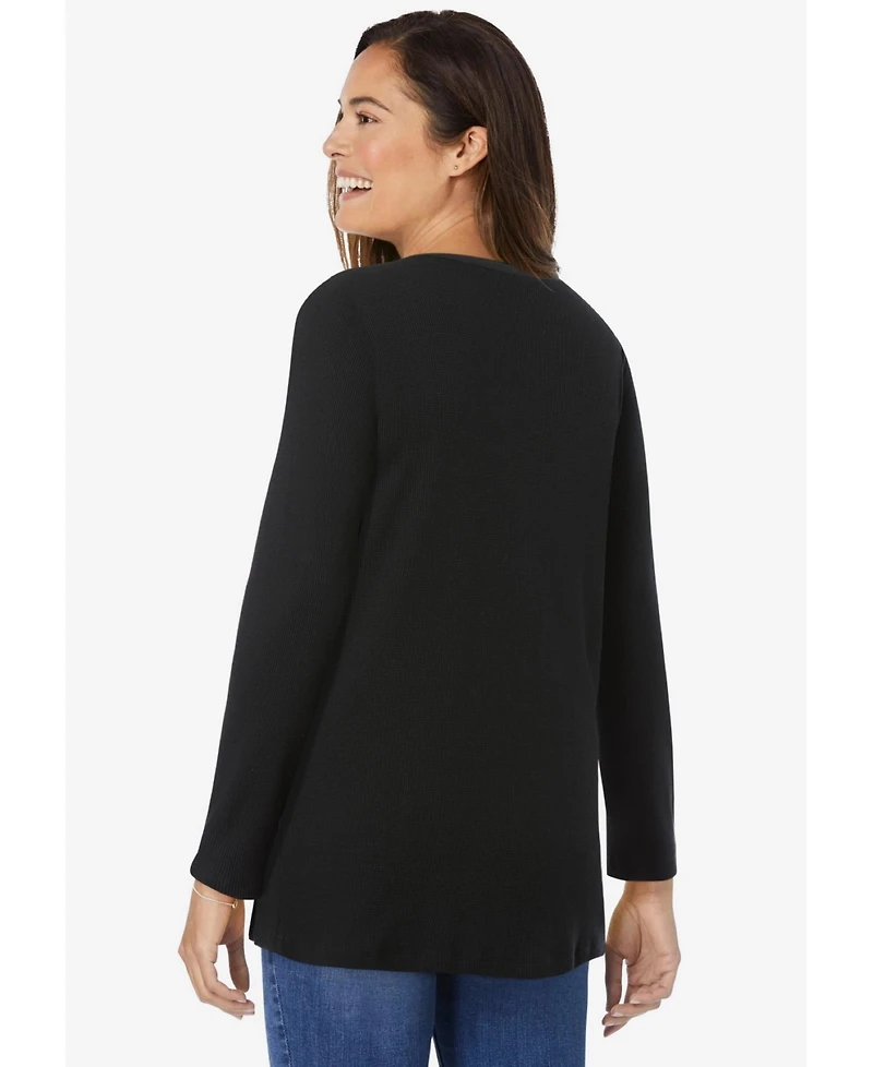 Woman Within Plus Embroidered Thermal Henley Tee