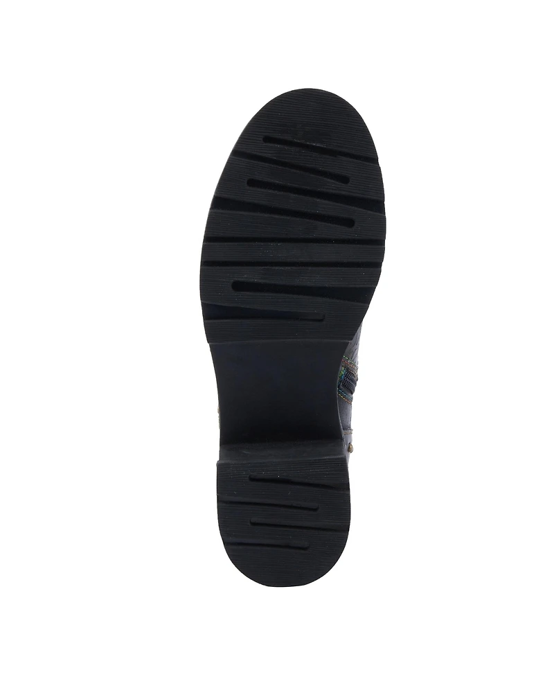 L'Artiste Women's Branchout Hand-Painted Leather Booties with Etched Botanical Motifs, Studded Buckle Strap, Inside Zipper, and Rainbow Stitching