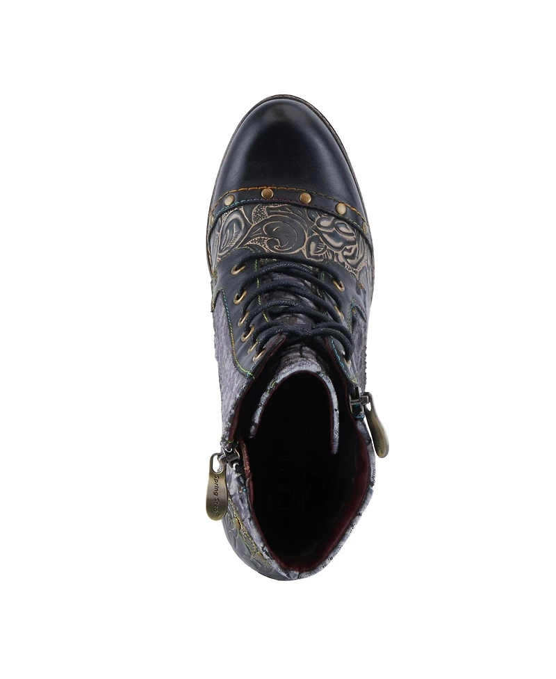 L'Artiste Women's Avyanna Velvet and Leather Ankle Boots with Embossed Floral Design, Cap Toe, Dual Zippers, Low Heel – Romantic Hand-Painted Stat