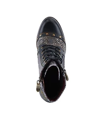 L'Artiste Women's Avyanna Velvet and Leather Ankle Boots with Embossed Floral Design, Cap Toe, Dual Zippers, Low Heel – Romantic Hand-Painted Stat