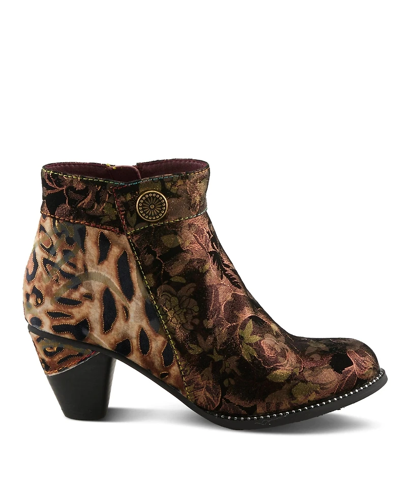 L'Artiste Women's Dessalynn Floral and Animal Print Suede Ankle Boots with Velvet Lining, Decorative Button, Side Zipper, Sculpted Mid Heel – Arti