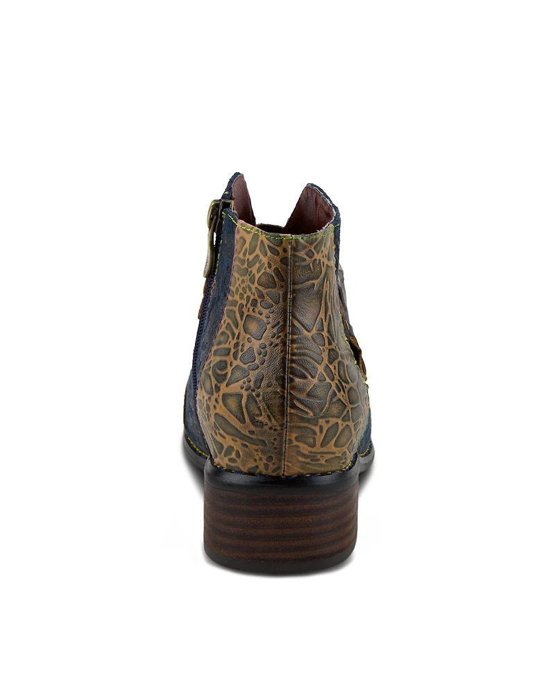 L Artiste Women s Georgiana Hand-Painted Leather Booties with Decorative Buckle, Rainbow Stitching, and Full-Zip Closure – French-Inspired Comf