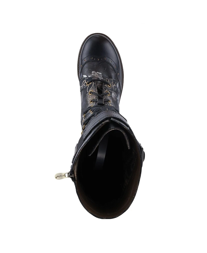 L'Artiste Women's Kisha-Boss Tall Leather Combo Boots with Lace-Up Front, Inside Zipper, Stretch Strap, and Lug Sole – Fashion Utility Style wi