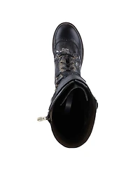 L'Artiste Women's Kisha-Boss Tall Leather Combo Boots with Lace-Up Front, Inside Zipper, Stretch Strap, and Lug Sole – Fashion Utility Style wi