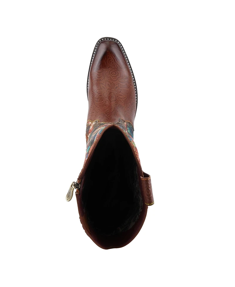 L Artiste Women s Rodeoqueen-viv Western Tall Boots with Embossed Leather, Floral Velvet Shaft, and Stacked Heel