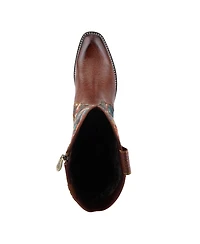 L Artiste Women s Rodeoqueen-viv Western Tall Boots with Embossed Leather, Floral Velvet Shaft, and Stacked Heel