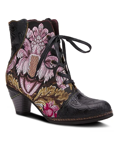 L'Artiste Women's Siren Embroidered Floral Lace-Up Booties with Embossed Leather, Scalloped Trim & Cone Heel