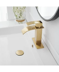 Greenspring Waterfall Single Handle Hole Modern Bathroom Faucet With Metal Drain Drip-Free Vanity Sink Brushed Gold