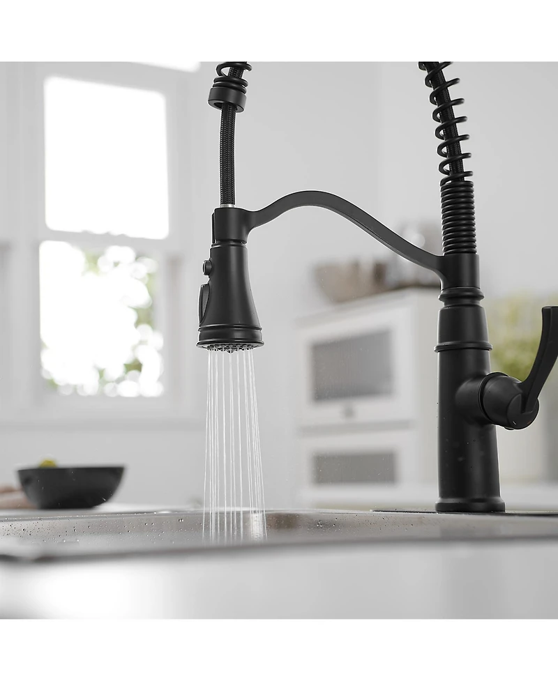 Greenspring Single-Handle Pull-Down Sprayer 3 Spray High Arc Kitchen Faucet With Deck Plate in Matte Black