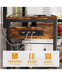 Kitchen Storage Shelf with Hooks, Coffee Bar Station Power Outlets & Led Light, Bakers Rack Pull-Out Basket