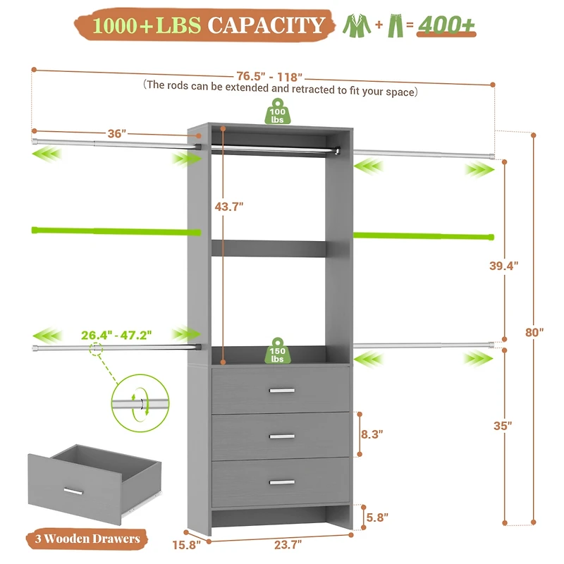 2-8 Ft Adjustable Closet System with 3 Wood Drawers and 4 Retractable Hanging Rods