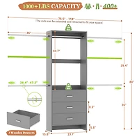 2-8 Ft Adjustable Closet System with 3 Wood Drawers and 4 Retractable Hanging Rods