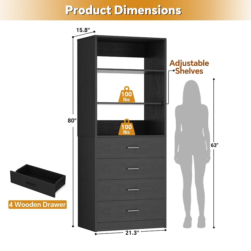 21.3" Closet Drawer System, Walk-in Closet Tower with 4 Wooden Drawers and Shelves