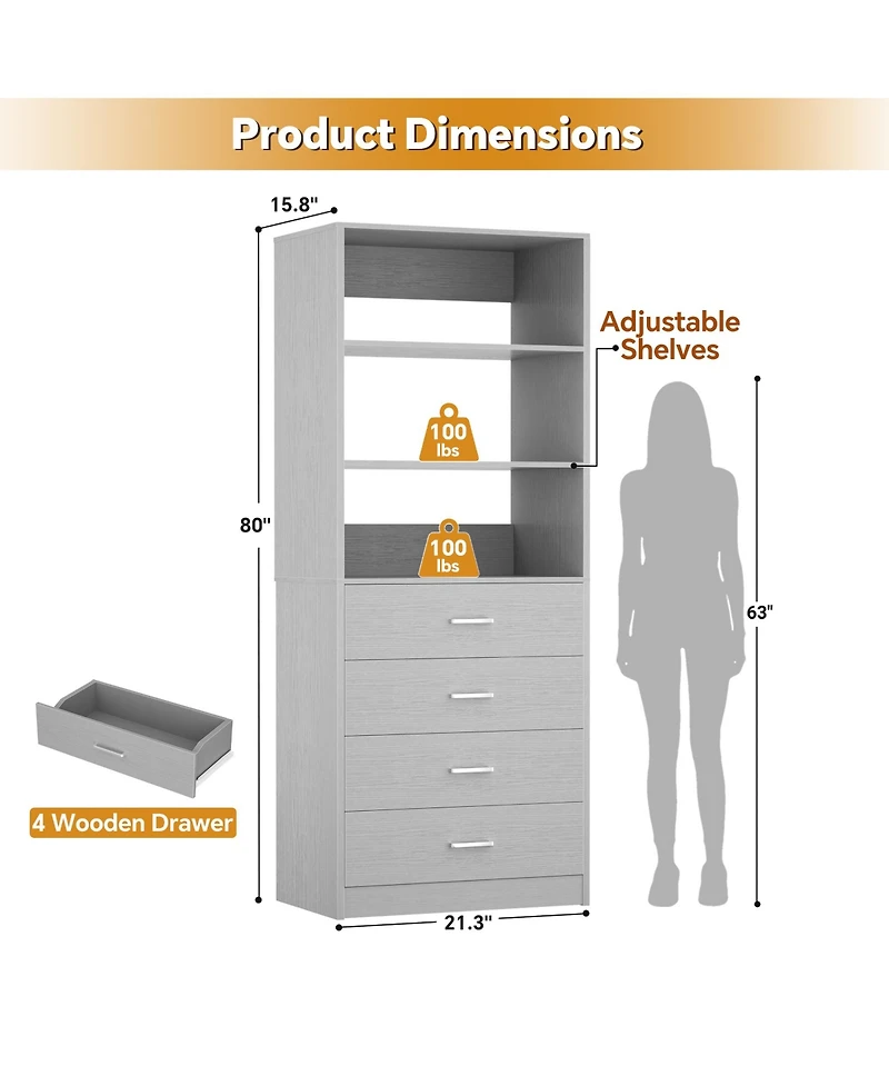 21.3" Closet Drawer System, Walk-in Tower with 4 Wooden Drawers and Shelves