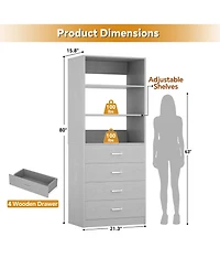 21.3" Closet Drawer System, Walk-in Tower with 4 Wooden Drawers and Shelves