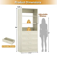21.3" Closet Drawer System, Walk-in Tower with 4 Wooden Drawers and Shelves
