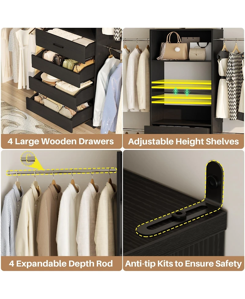 Aheaplus 8FT Wall Mounted Closet System with 4 Drawers and Hanging Rods, Garment Rack Shelves