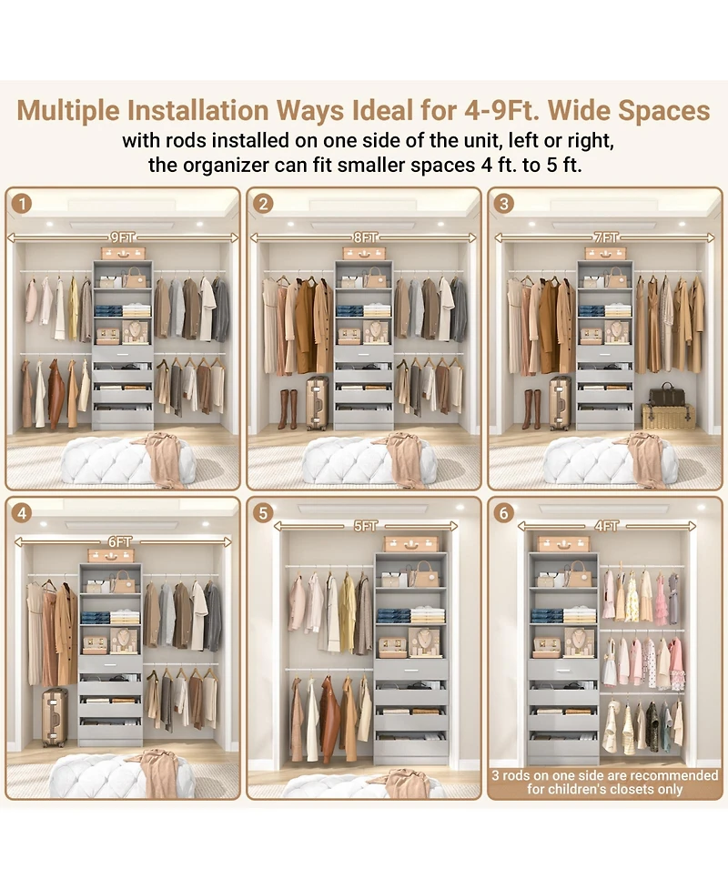Aheaplus 8FT Wall Mounted Closet System with 4 Drawers and Hanging Rods, Garment Rack Shelves