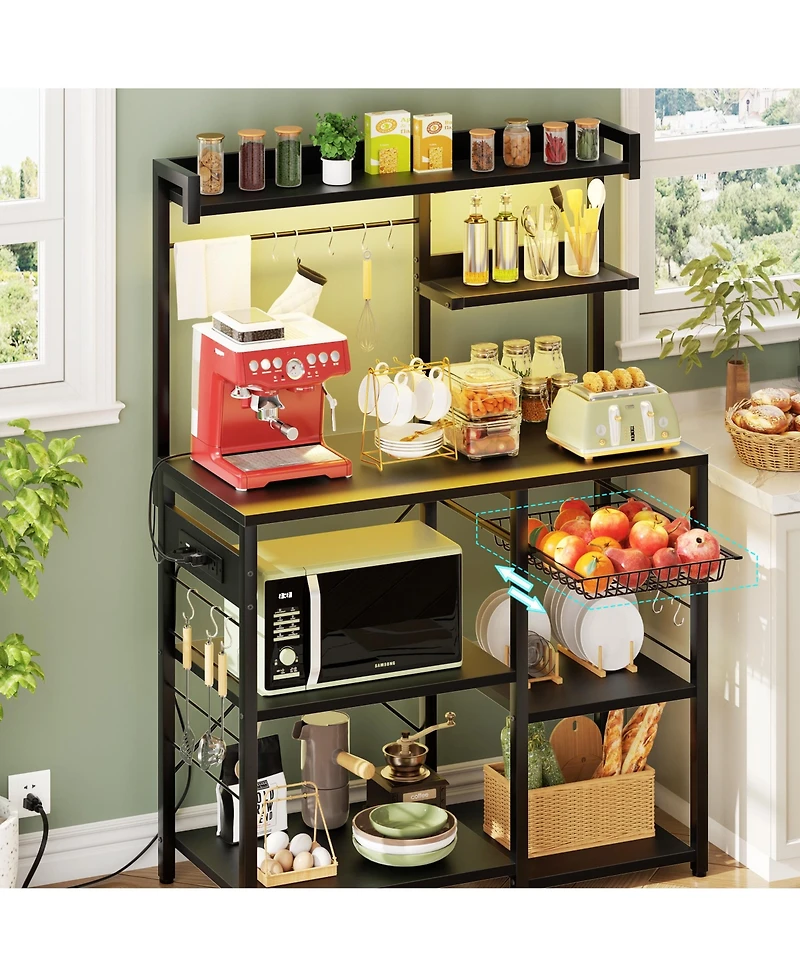 Kitchen Storage Shelf with Hooks, Coffee Bar Station Power Outlets & Led Light, Bakers Rack Pull-Out Basket