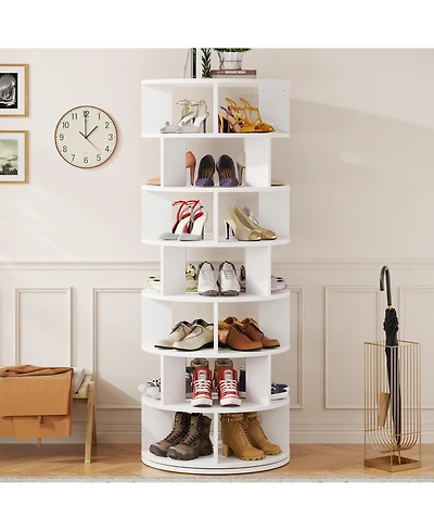 7-Tier Rotating Shoe Rack, 360° Display Wooden Revolving Shoe Rack Tower