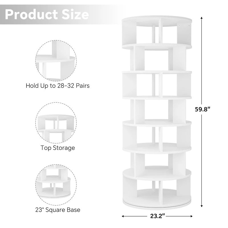 7-Tier Rotating Shoe Rack, 360° Display Wooden Revolving Shoe Rack Tower