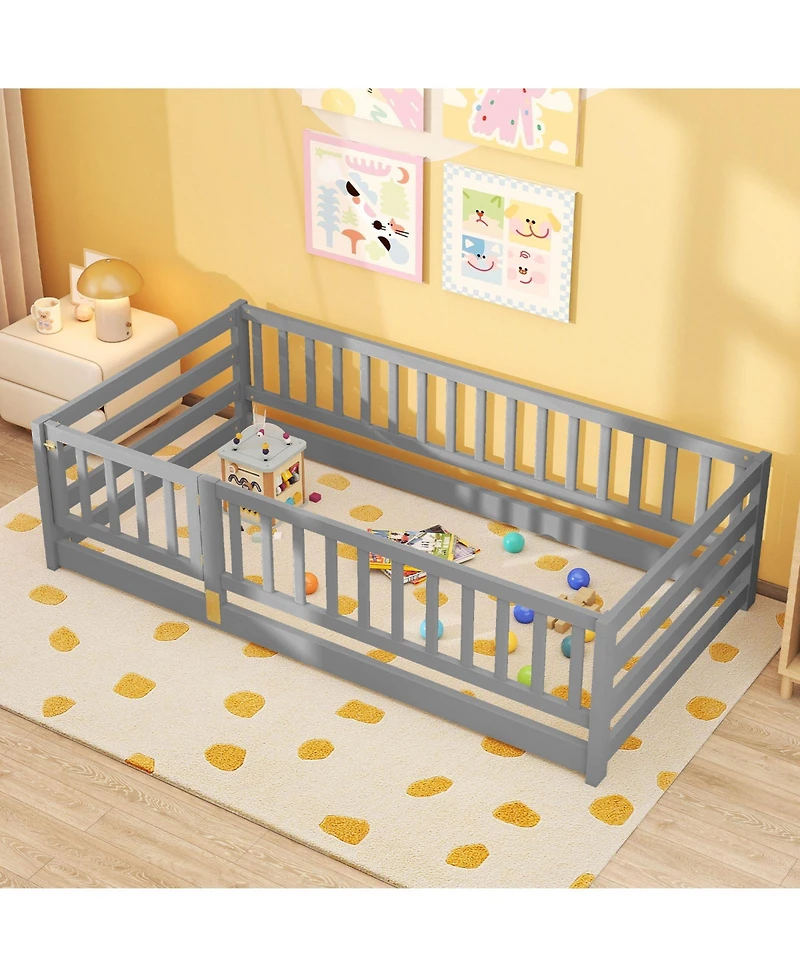 Gymax Twin Floor Bed w/High Fence & Door Safety Guardrails Wood Frame