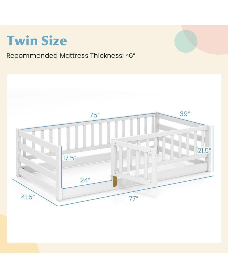 Gymax Twin Floor Bed w/High Fence & Door Safety Guardrails Wood Frame