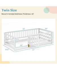 Gymax Twin Floor Bed w/High Fence & Door Safety Guardrails Wood Frame