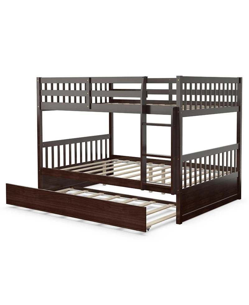 Gymax Full over Full Bunk Bed Platform Wood Bed w/ Trundle & Ladder Rail
